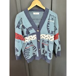 Alicedudu “Balmy Cat” Blue Oversized Sweater Cardigan –Cat Logo Knit –Size Large